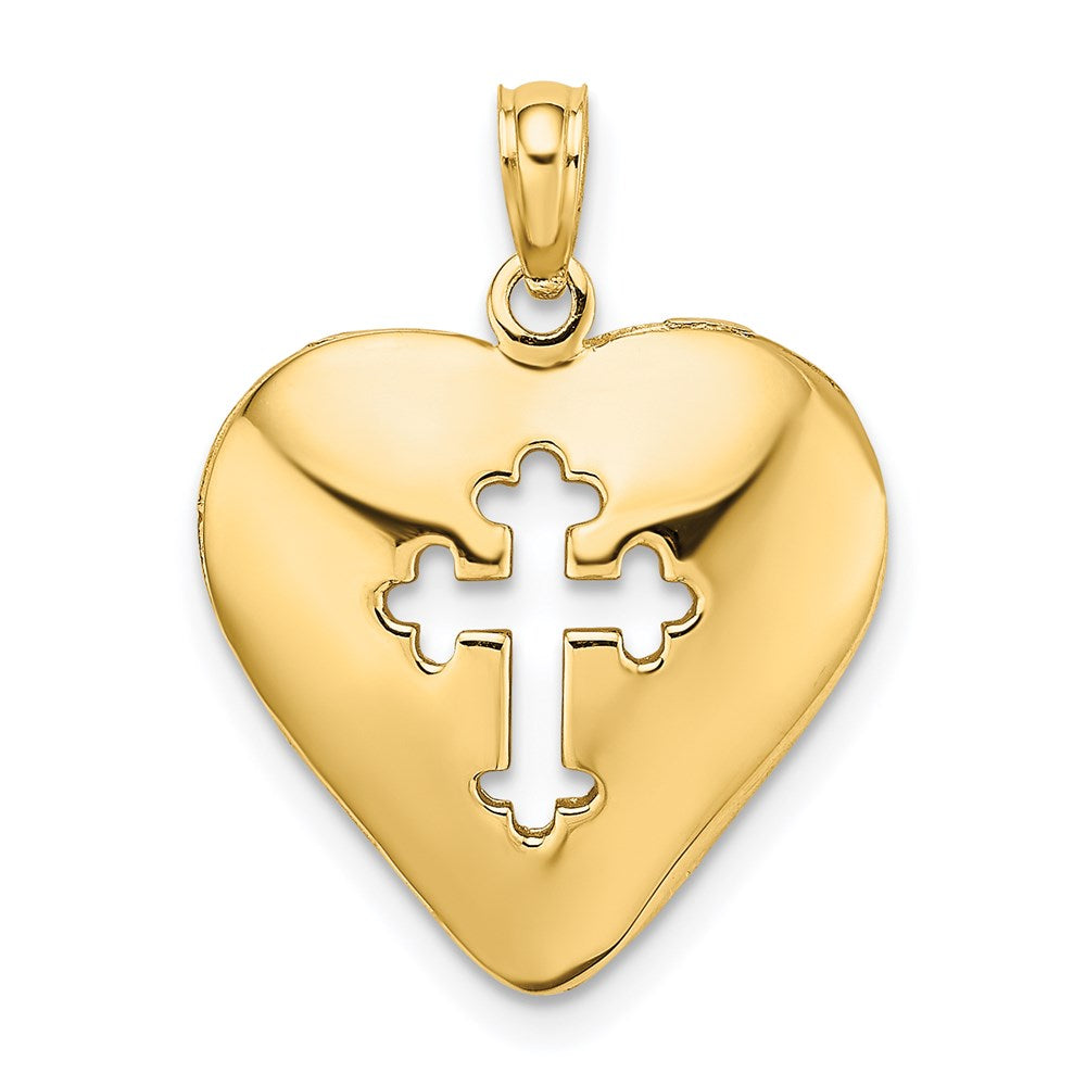 14K Gelbgold Wendbarer Charm mit durchbrochenem Spitzenkreuz im Herz