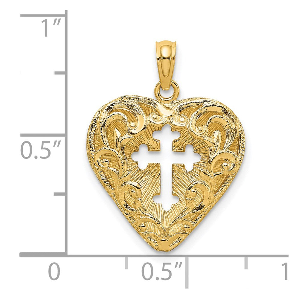 14K Gelbgold Wendbarer Charm mit durchbrochenem Spitzenkreuz im Herz