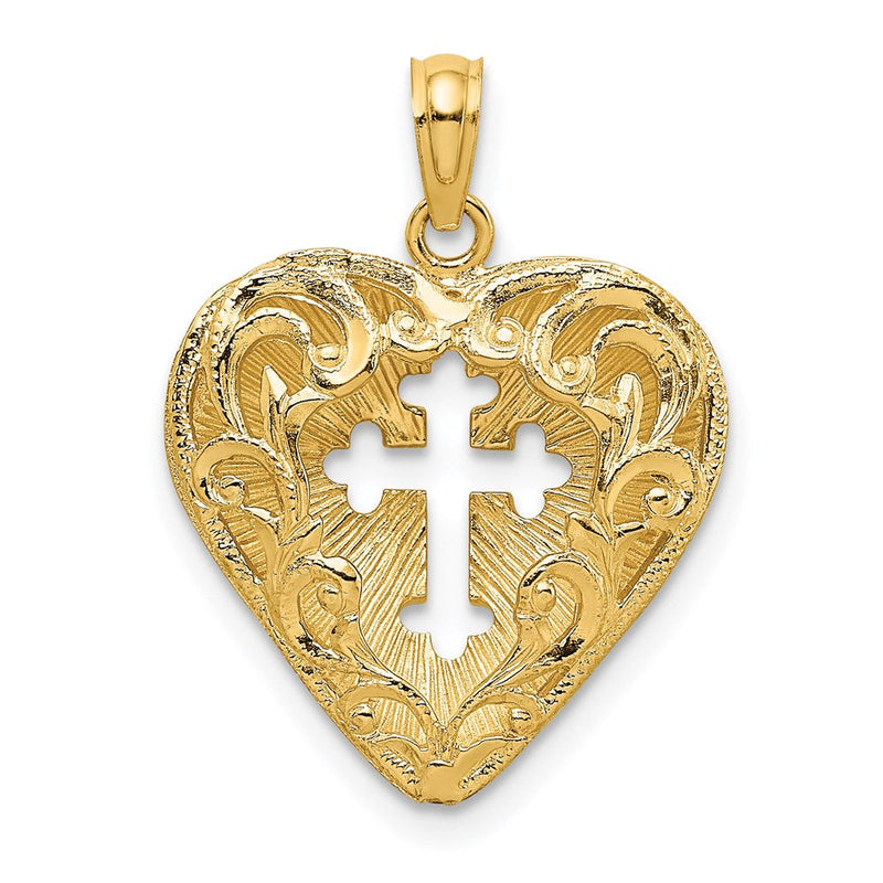 14K Gelbgold Wendbarer Charm mit durchbrochenem Spitzenkreuz im Herz
