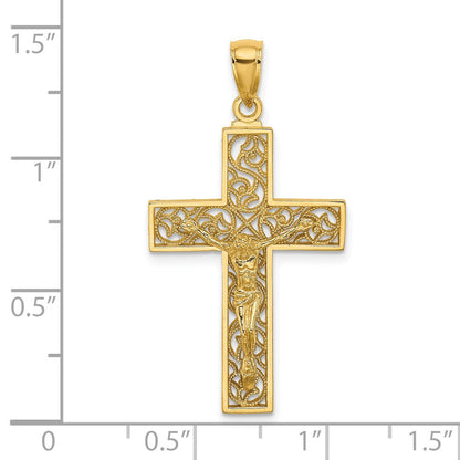14 Karat Gelbgold Kruzifix-Charm mit strukturiertem Wirbeldesign