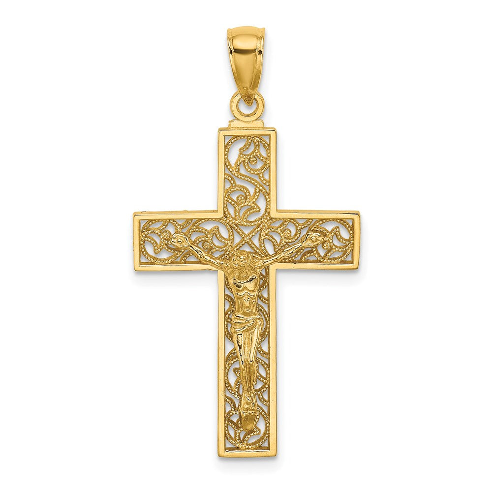 14 Karat Gelbgold Kruzifix-Charm mit strukturiertem Wirbeldesign