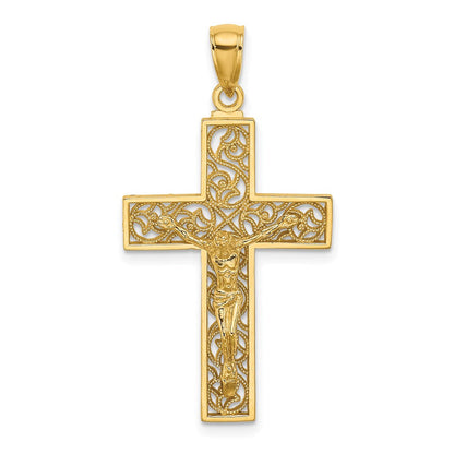 14 Karat Gelbgold Kruzifix-Charm mit strukturiertem Wirbeldesign