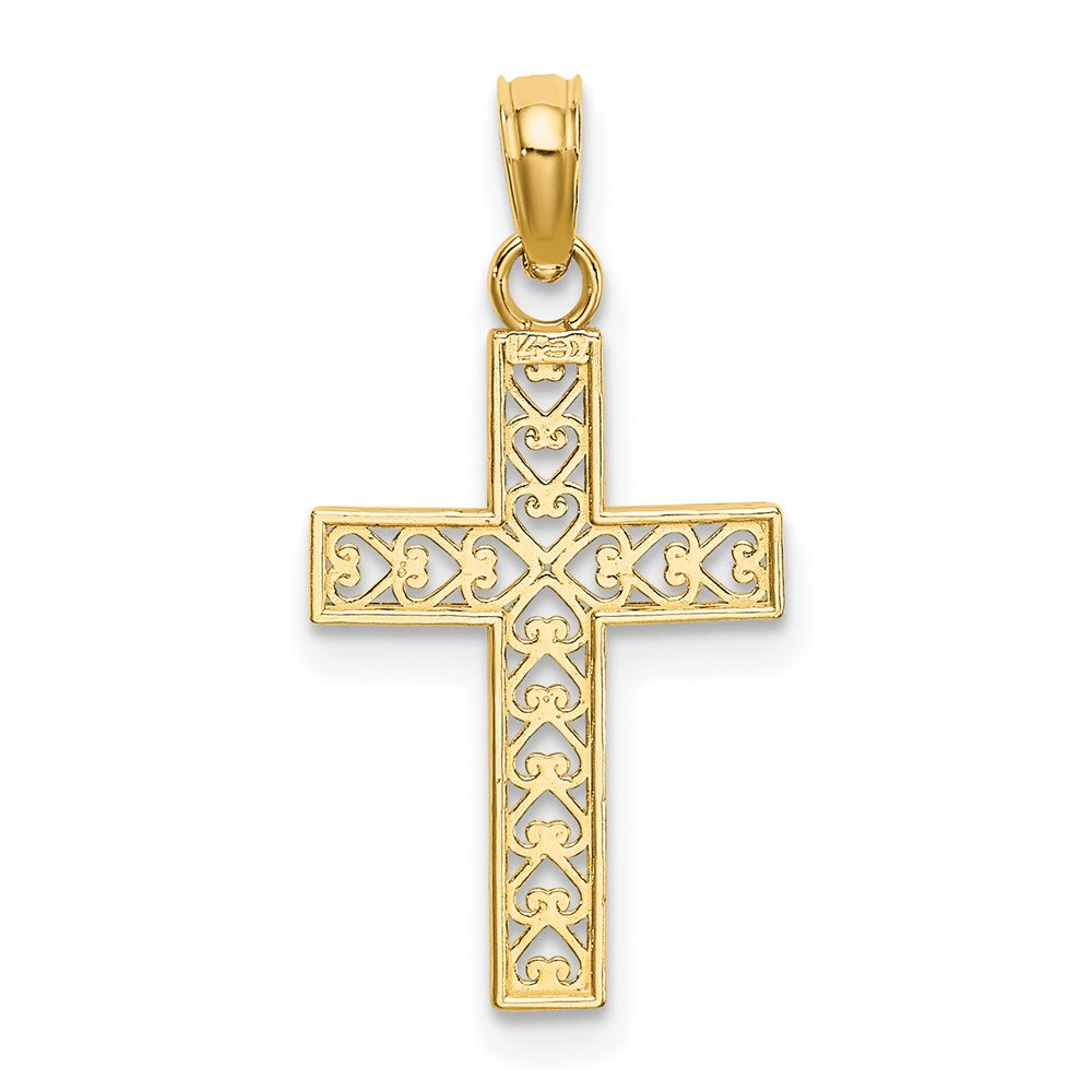 14K Gelbgold Diamantiert Kante und Filigran Mittig Kreuz Charm