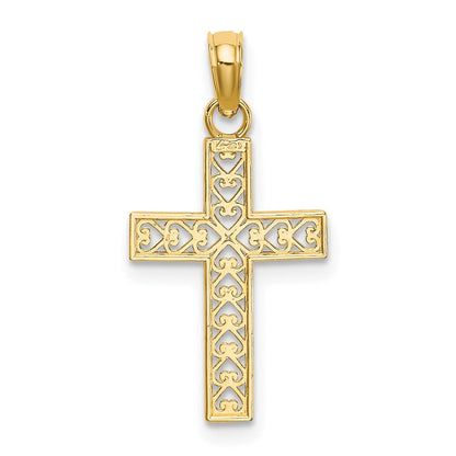 14K Gelbgold Diamantiert Kante und Filigran Mittig Kreuz Charm
