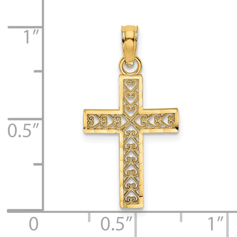14K Gelbgold Diamantiert Kante und Filigran Mittig Kreuz Charm