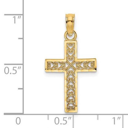 14K Gelbgold Diamantiert Kante und Filigran Mittig Kreuz Charm