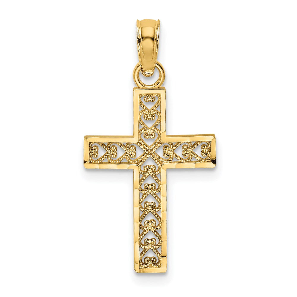 14K Gelbgold Diamantiert Kante und Filigran Mittig Kreuz Charm