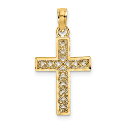 14K Gelbgold Diamantiert Kante und Filigran Mittig Kreuz Charm