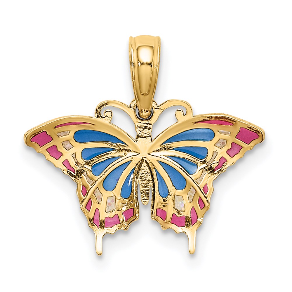 14K Gelbgold Klein Emailliert Blau und Rot Schmetterling Charm