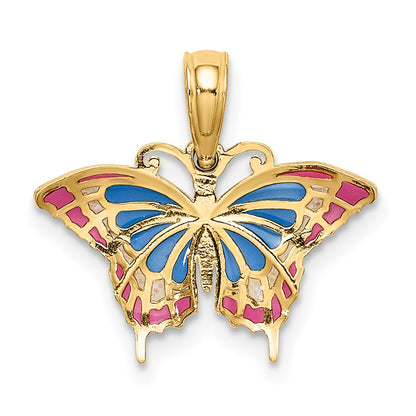 14K Gelbgold Klein Emailliert Blau und Rot Schmetterling Charm