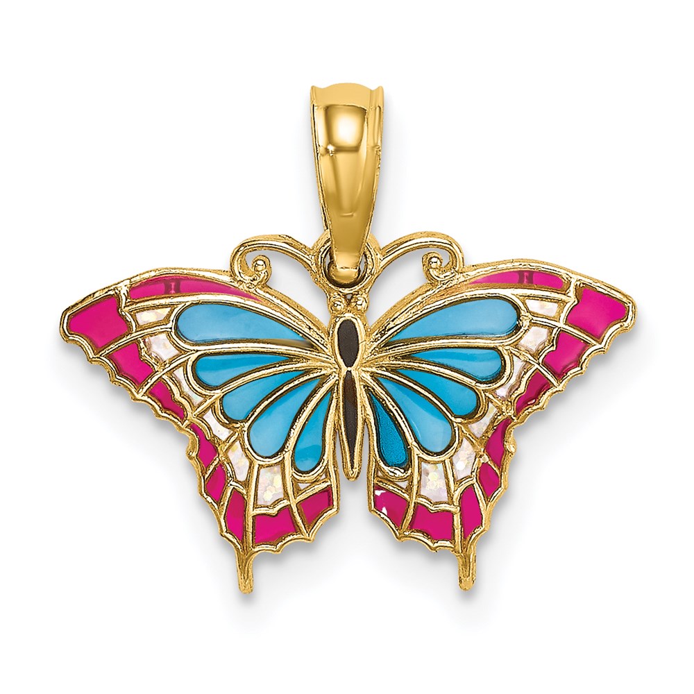 14K Gelbgold Klein Emailliert Blau und Rot Schmetterling Charm