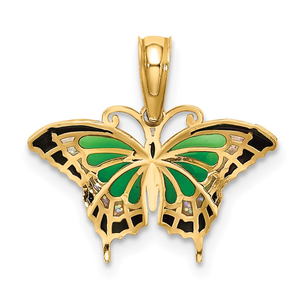 14K Gelbgold Klein Grün Emailliert Schmetterling Charm