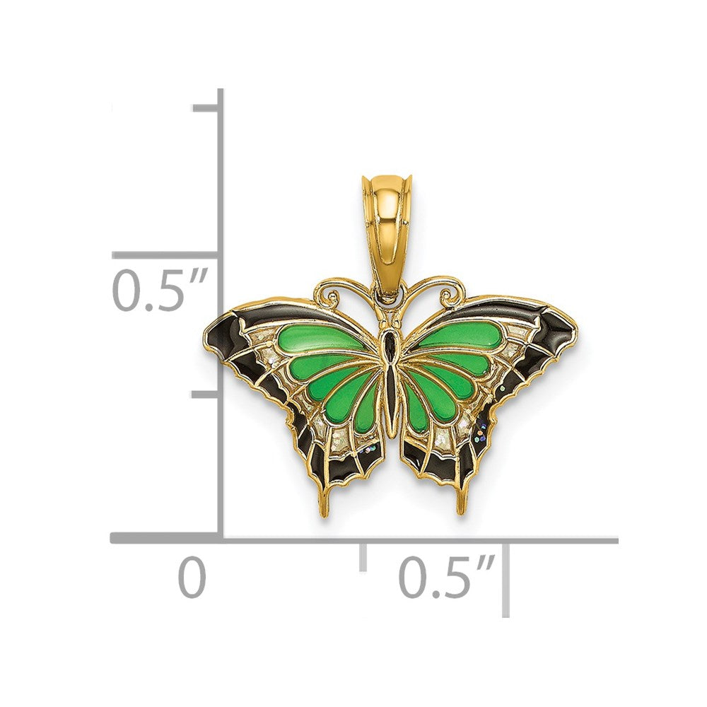 14K Gelbgold Klein Grün Emailliert Schmetterling Charm