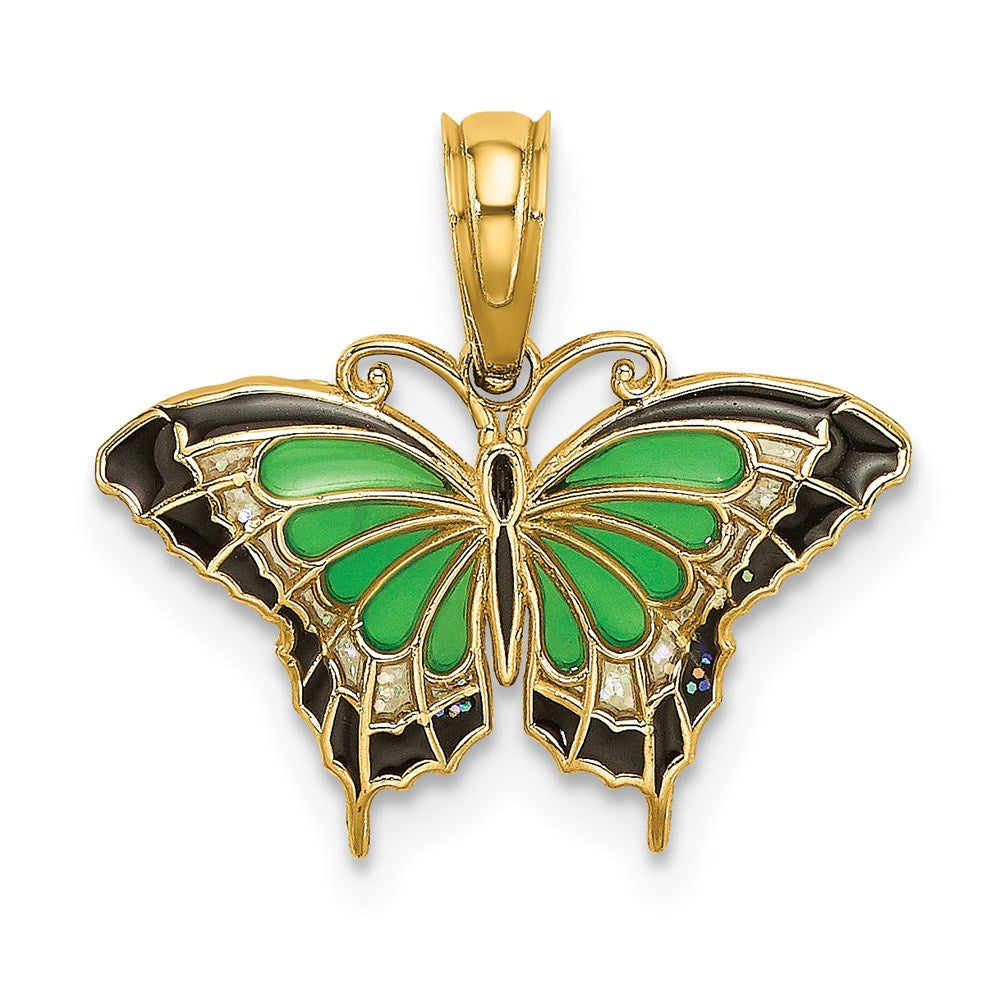 14K Gelbgold Klein Grün Emailliert Schmetterling Charm