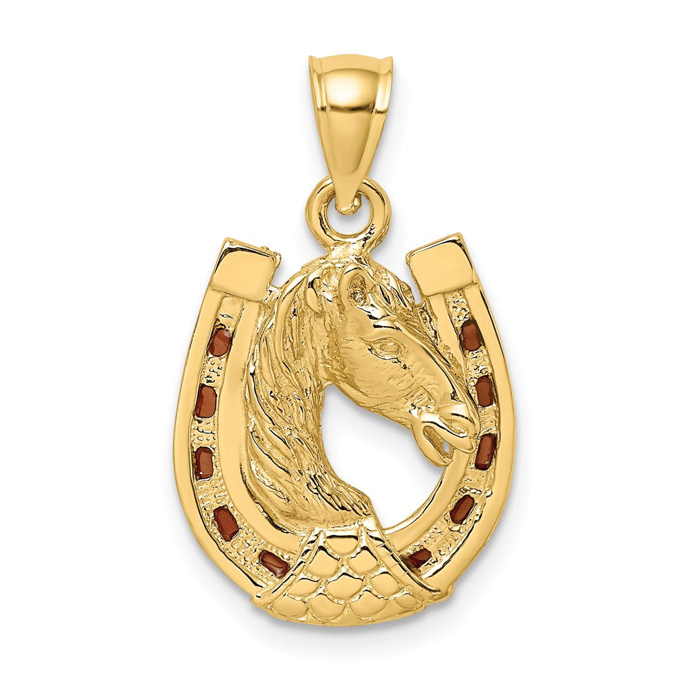 14K Gelbgold Pferdekopf im Hufeisen mit Emaille-Charm