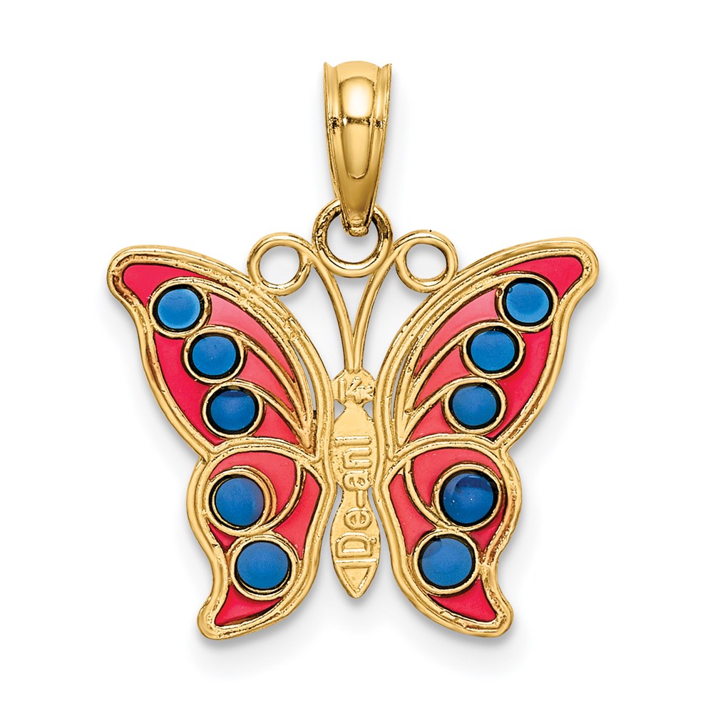 14K Gelbgold mit Rot und Blau Emaille Filigran Schmetterling Charm
