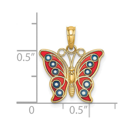 14K Gelbgold mit Rot und Blau Emaille Filigran Schmetterling Charm