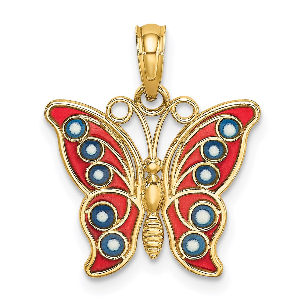 14K Gelbgold mit Rot und Blau Emaille Filigran Schmetterling Charm