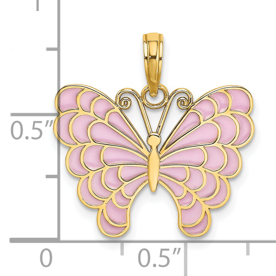 14K Gelbgold Lavender Emailliert Schmetterling Anhänger
