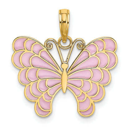14K Gelbgold Lavender Emailliert Schmetterling Anhänger