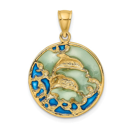 14 Karat Gelbgold Delfine 2-D Charm mit blauer Emaillierung