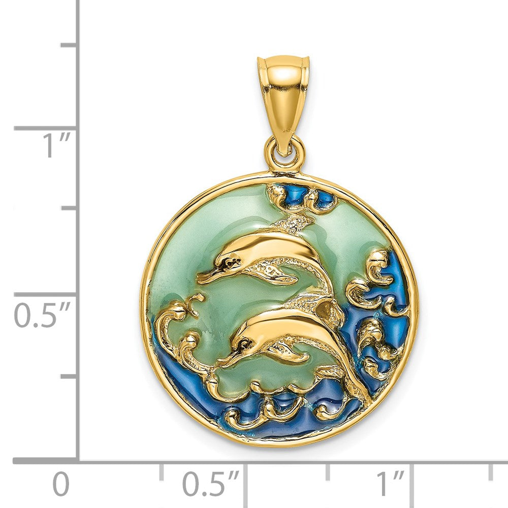 14 Karat Gelbgold Delfine 2-D Charm mit blauer Emaillierung