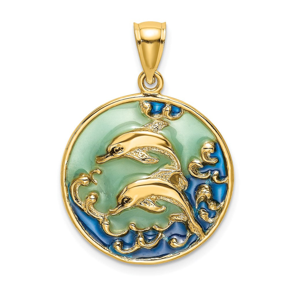 14 Karat Gelbgold Delfine 2-D Charm mit blauer Emaillierung