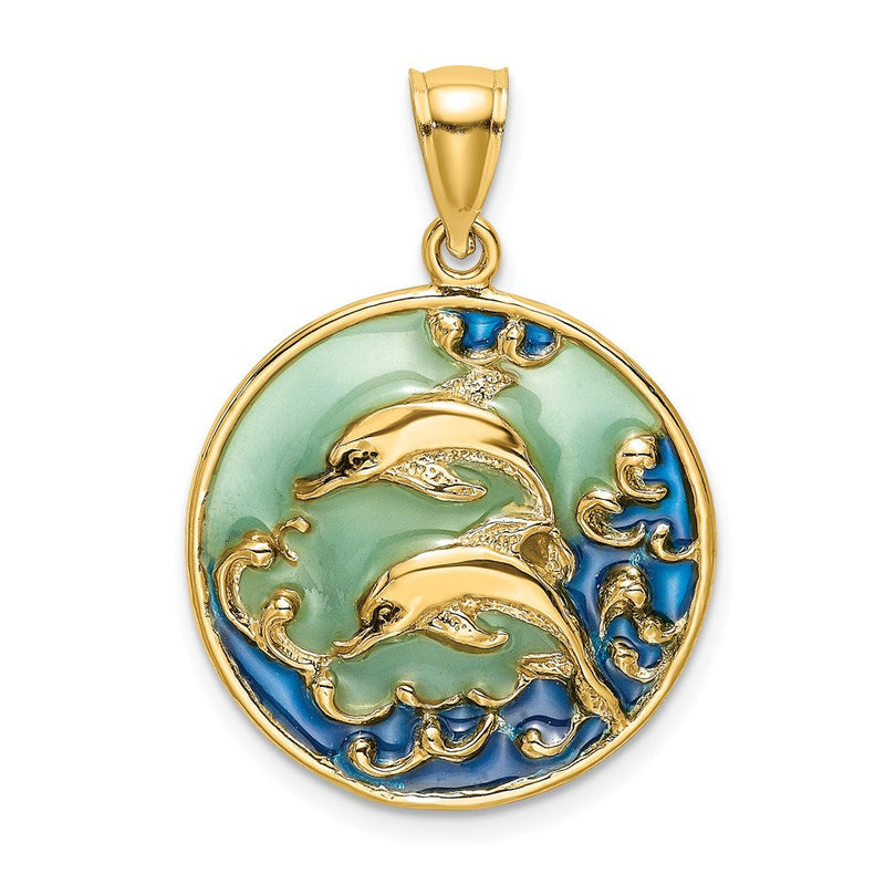 14 Karat Gelbgold Delfine 2-D Charm mit blauer Emaillierung
