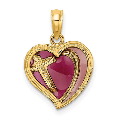 14K Gelbgold mit Lila Emaille Kreuz Herz Charm