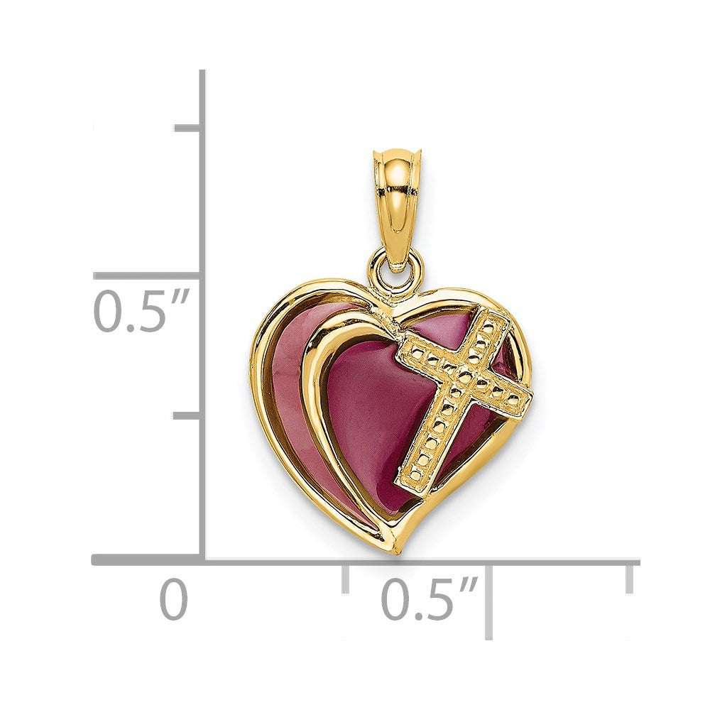 14K Gelbgold mit Lila Emaille Kreuz Herz Charm