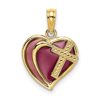 14K Gelbgold mit Lila Emaille Kreuz Herz Charm