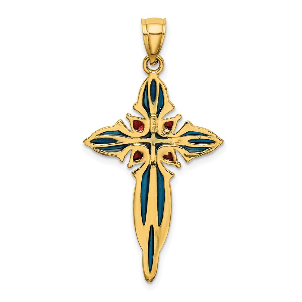 14K Gelbgold Kreuz-Charm mit blauer und roter Emaillierung