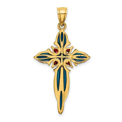 14K Gelbgold Kreuz-Charm mit blauer und roter Emaillierung