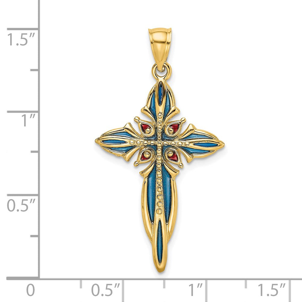 14K Gelbgold Kreuz-Charm mit blauer und roter Emaillierung
