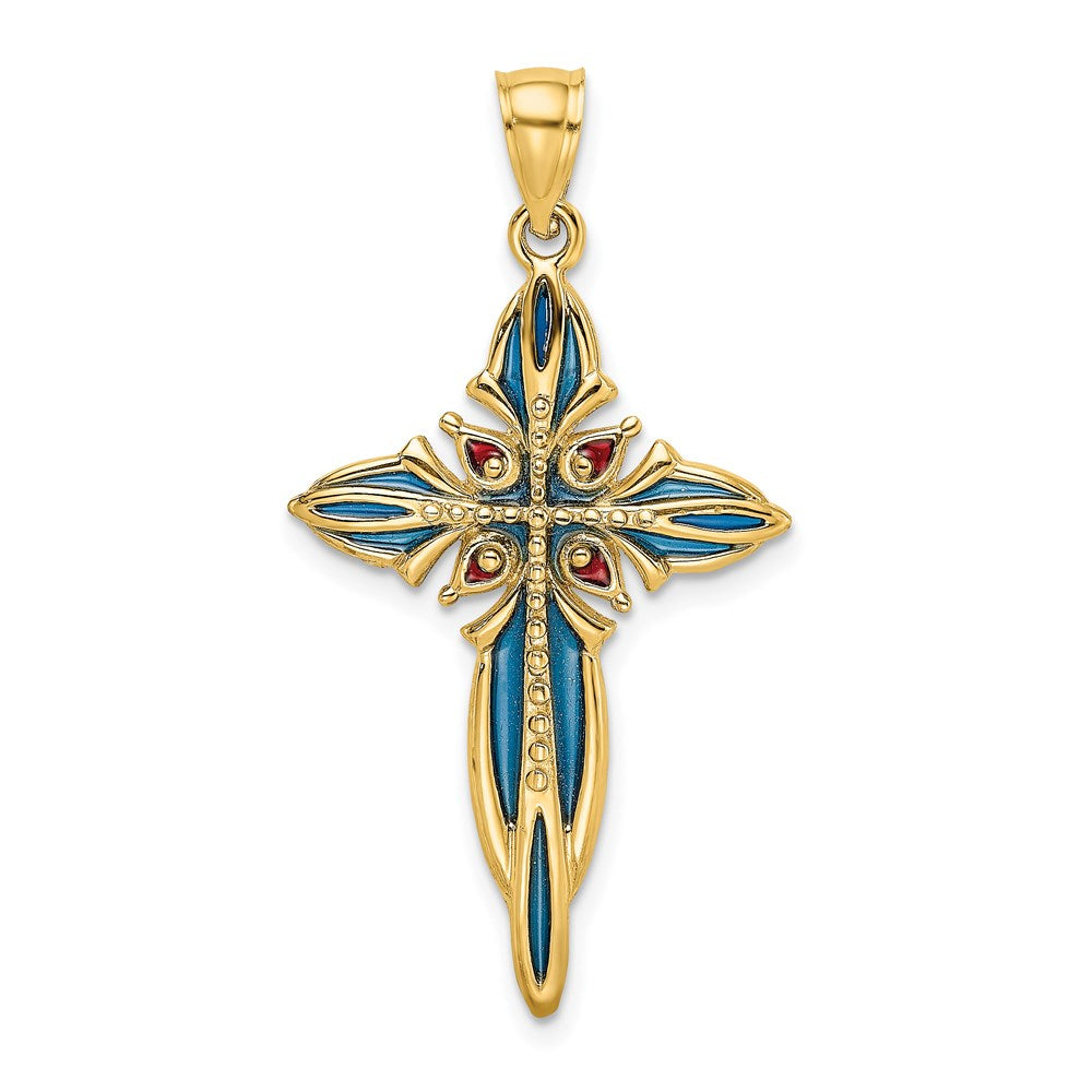 14K Gelbgold Kreuz-Charm mit blauer und roter Emaillierung