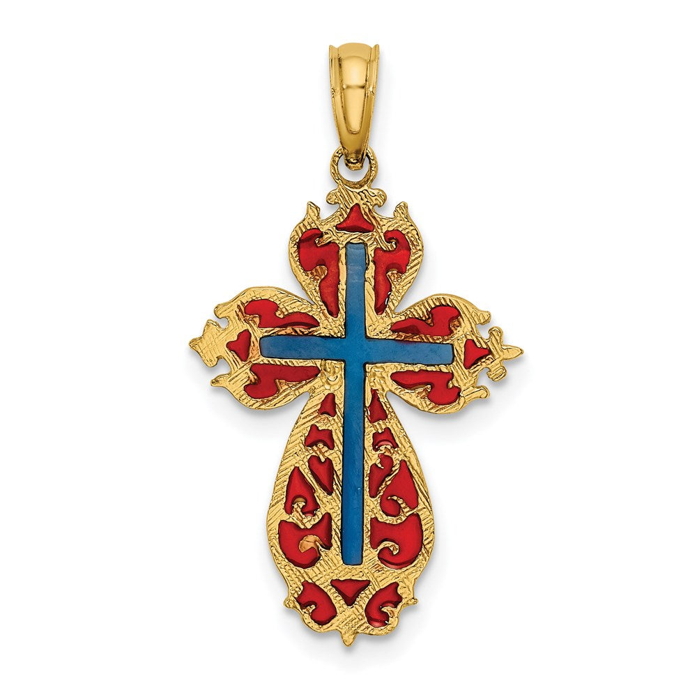 14K Gelbgold mit Blau und Rot Emailliert Kreuz Charm