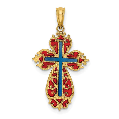 14K Gelbgold mit Blau und Rot Emailliert Kreuz Charm