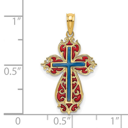 14K Gelbgold mit Blau und Rot Emailliert Kreuz Charm