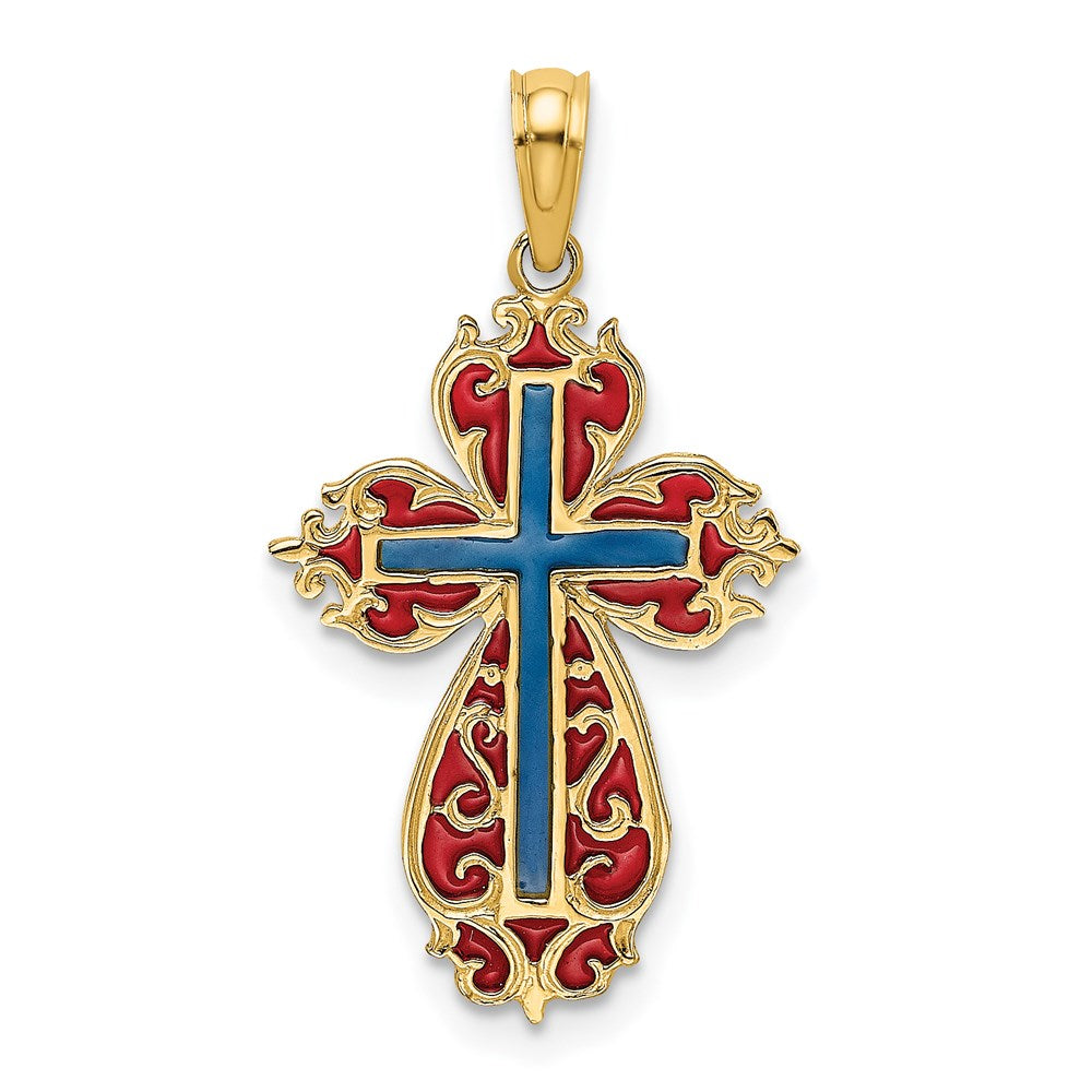 14K Gelbgold mit Blau und Rot Emailliert Kreuz Charm