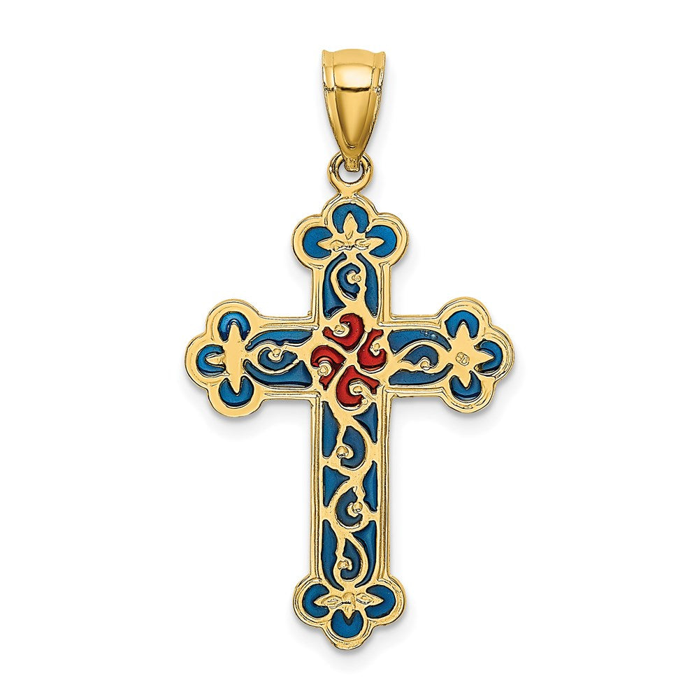 14 Karat Gelbgold Kreuz-Charm rot und blau emailliert mit Schnörkelmuster