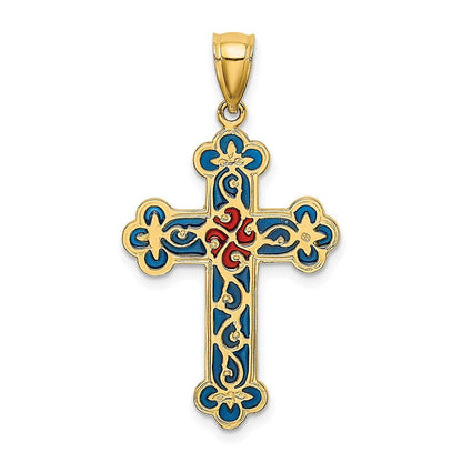 14 Karat Gelbgold Kreuz-Charm rot und blau emailliert mit Schnörkelmuster