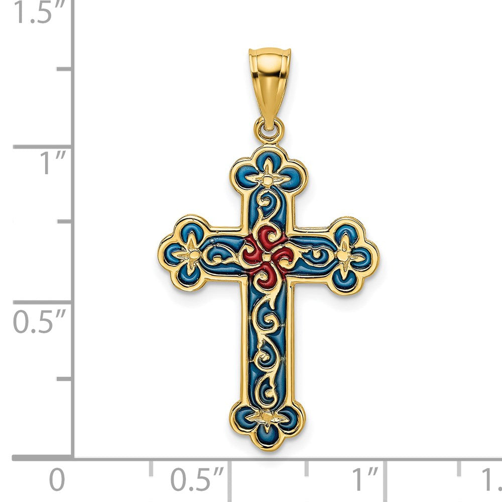 14 Karat Gelbgold Kreuz-Charm rot und blau emailliert mit Schnörkelmuster