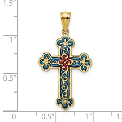 14 Karat Gelbgold Kreuz-Charm rot und blau emailliert mit Schnörkelmuster