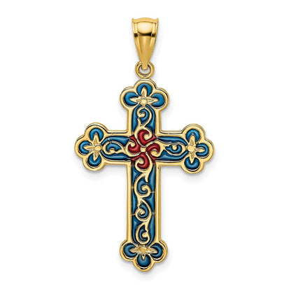 14 Karat Gelbgold Kreuz-Charm rot und blau emailliert mit Schnörkelmuster