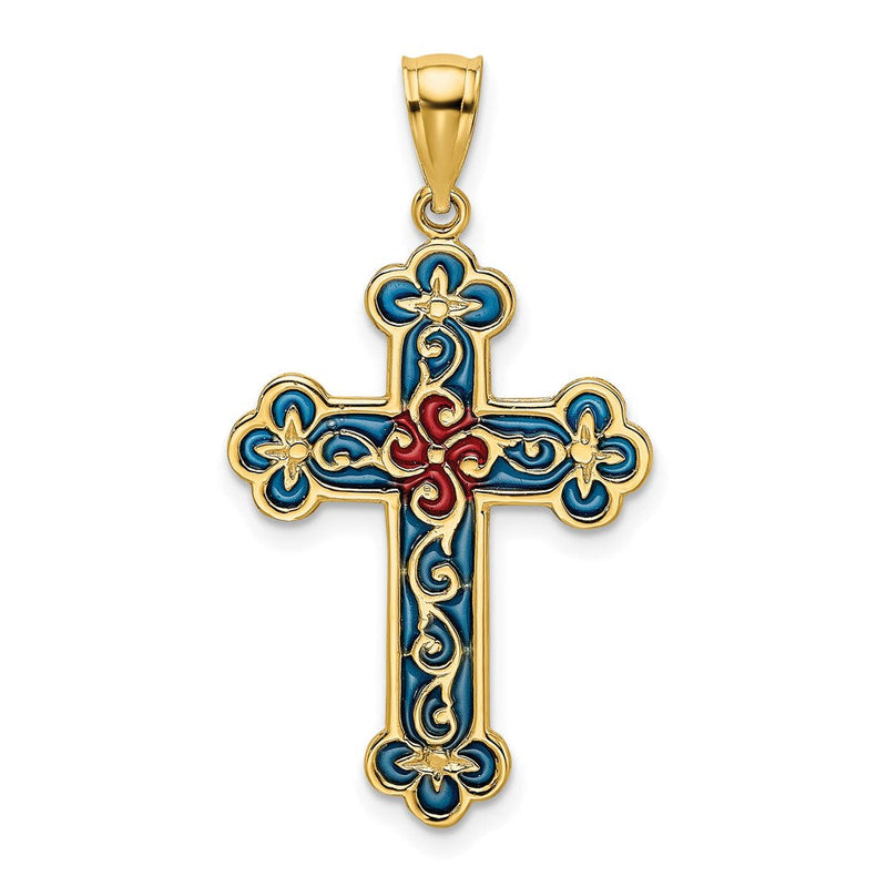 14 Karat Gelbgold Kreuz-Charm rot und blau emailliert mit Schnörkelmuster