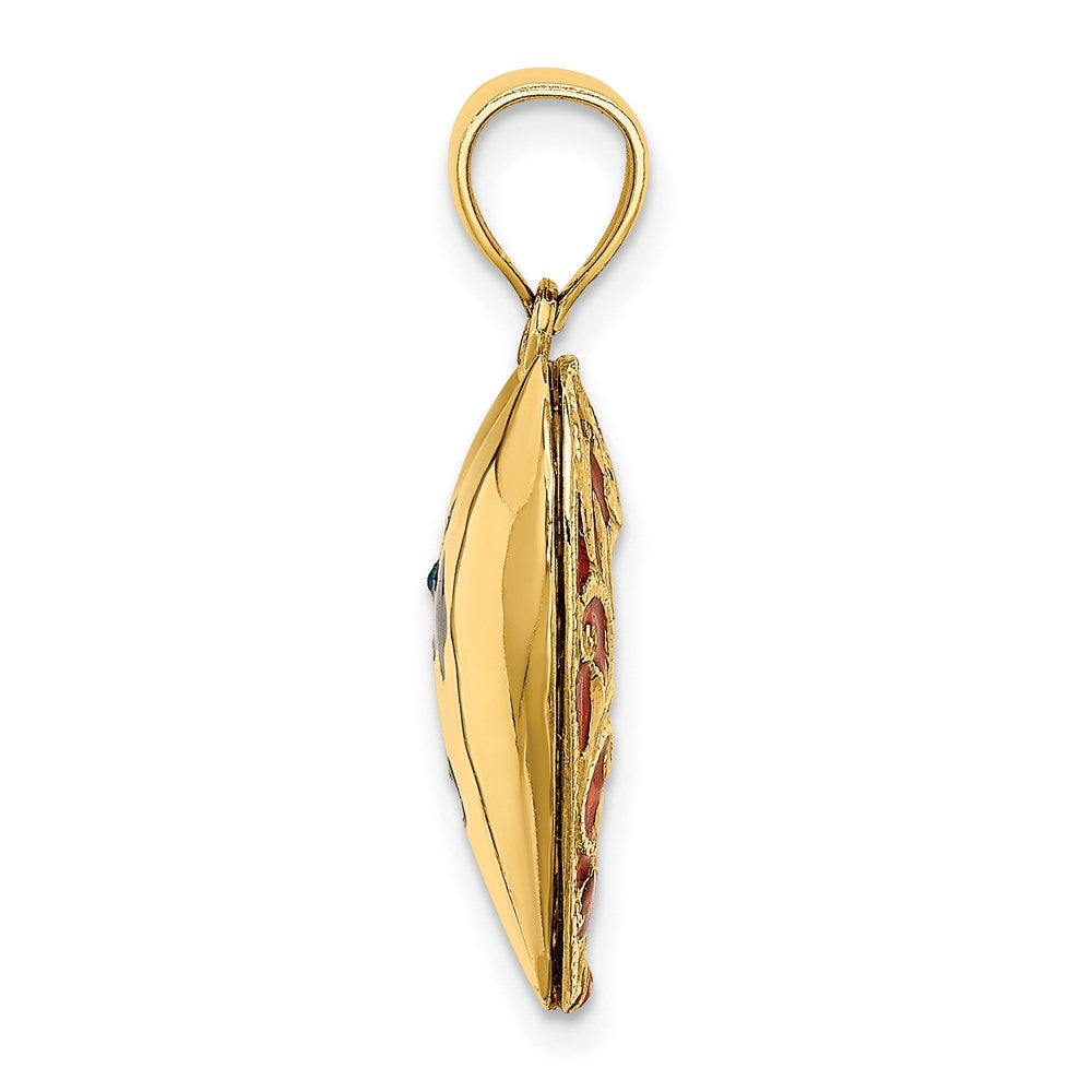14K Gelbgold Wendbarer Charm mit rot und blau emailliertem Kreuz im Herz