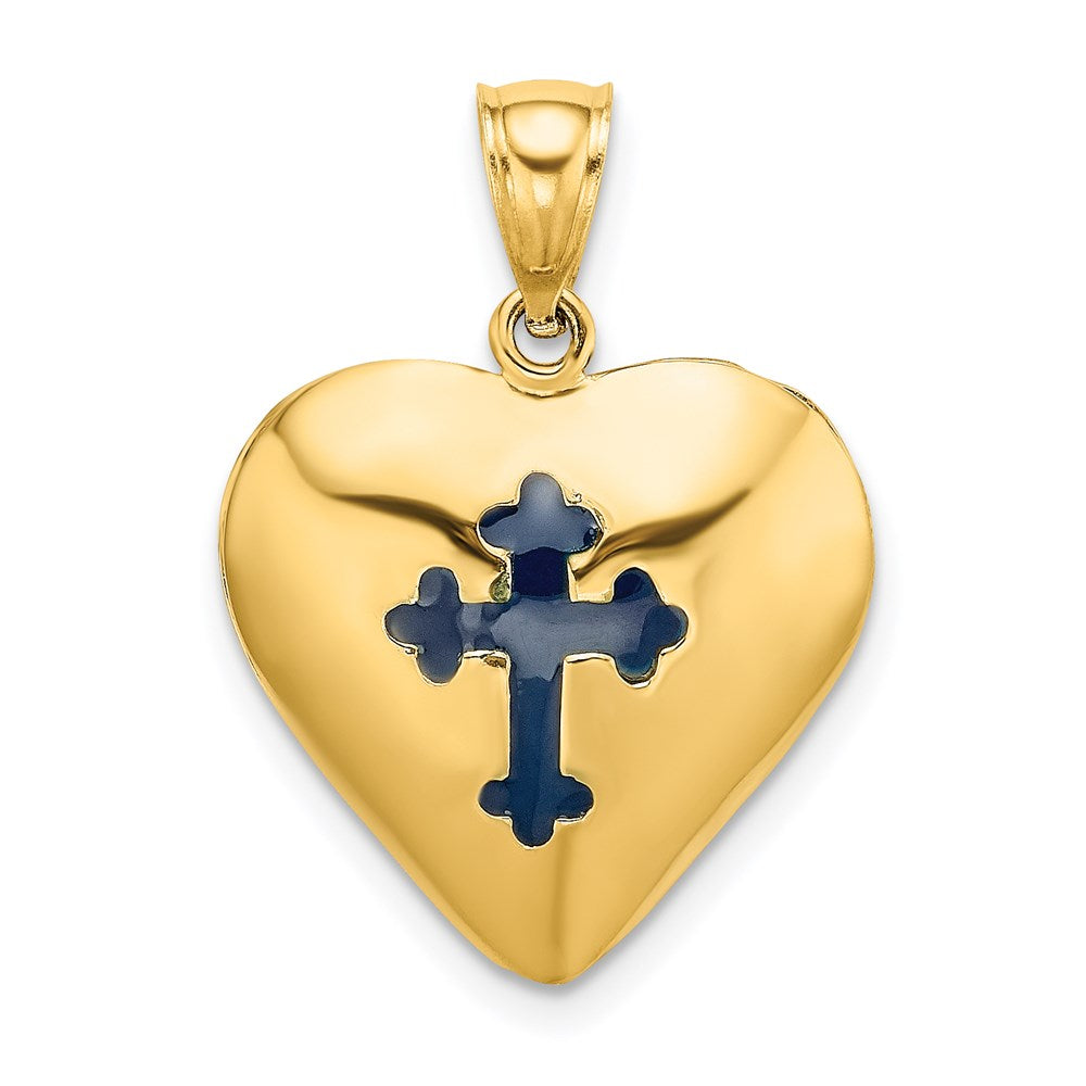 14K Gelbgold Wendbarer Charm mit rot und blau emailliertem Kreuz im Herz