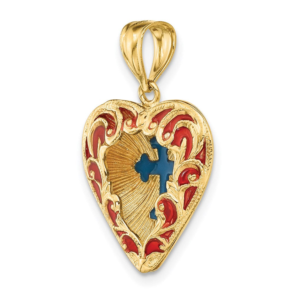 14K Gelbgold Wendbarer Charm mit rot und blau emailliertem Kreuz im Herz