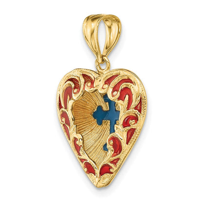 14K Gelbgold Wendbarer Charm mit rot und blau emailliertem Kreuz im Herz