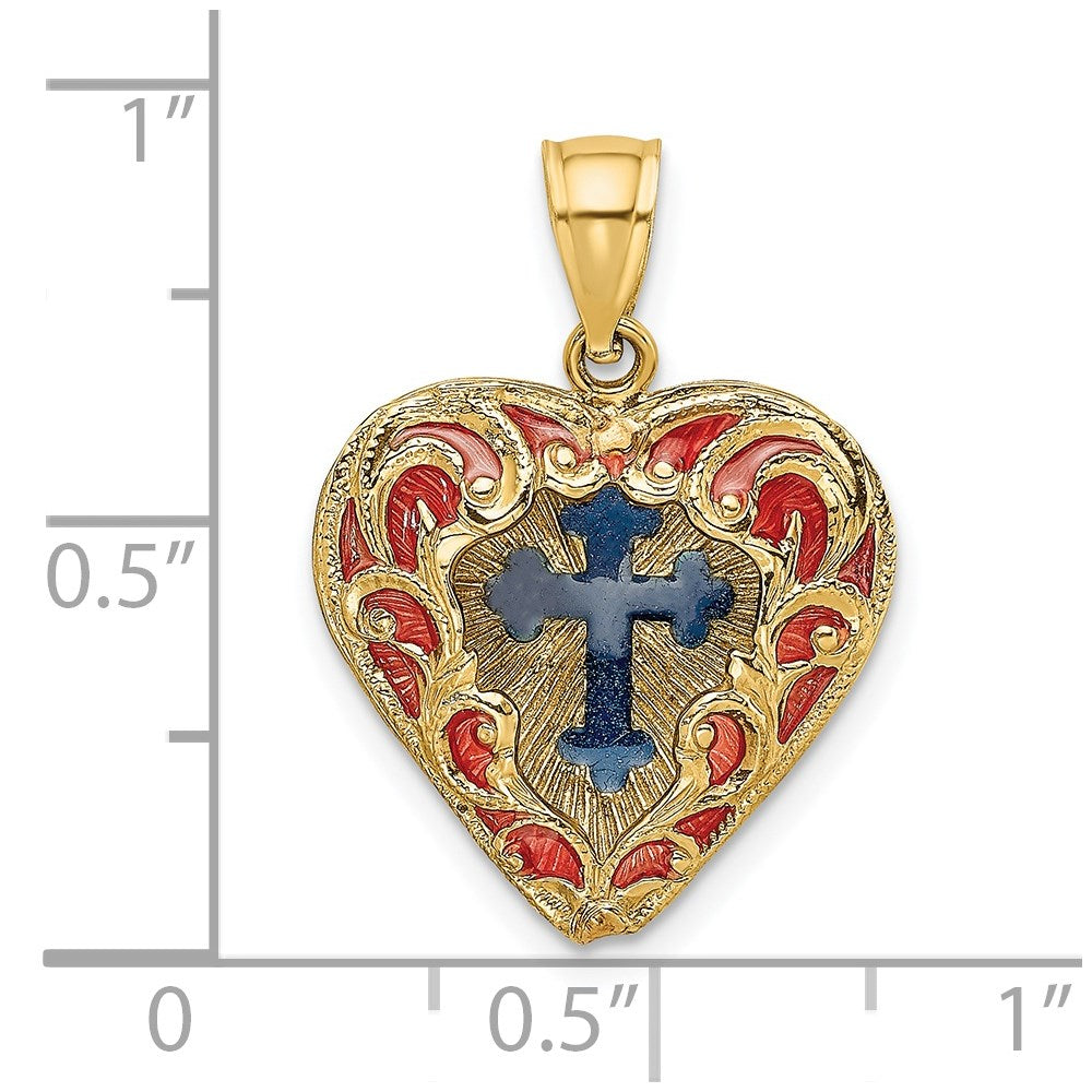 14K Gelbgold Wendbarer Charm mit rot und blau emailliertem Kreuz im Herz